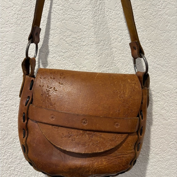 Vintage Hand-Tooled Leather Crossbody Bag | Brown Boho Saddle Purse - Picture 2 of 9